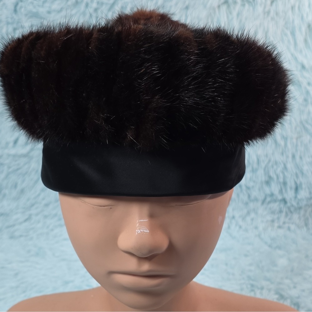 1960's Marche Genuine Fur Beret Hat Pom Pom Black Brown Satin Mod Vtg